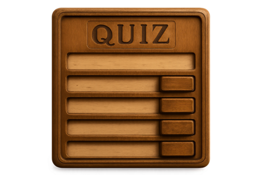 Wooden quiz board game interface with sliders carved on surface on transparent background, quiz board
