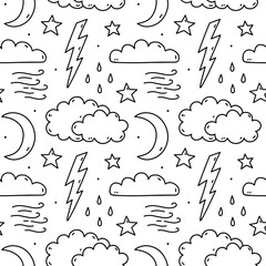 Cute seamless pattern with weather elements - clouds, rain, wind, lightning, moon and stars. Vector hand-drawn doodle illustration. Perfect for print, wallpaper, decorations.