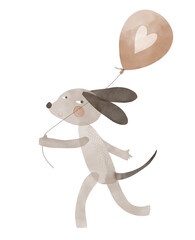 Hand Drawn Vector Illustration Of Gray Dog with Balloon On A White Background. Cute Graphic Ideal For Baby Boy Or Baby Girl. Nursery Art. Valentine's Day Card With Dog Holding Balloon With Heart.