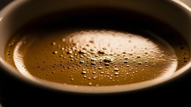 Close Up of Fresh Coffee in a White Cup with Bubbles and Dark Background