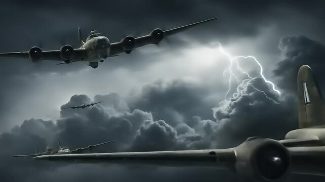 Vintage military aircraft flying through a dramatic stormy sky, showcasing aviation history and resilience