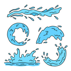 Set of water splashes with splatters, waves and drops isolated on a white background. Vector hand-drawn illustration in doodle style. Perfect for decorations, logo, various designs.