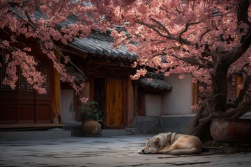 A peaceful dog sleeps under cherry blossoms in a quiet Zen garden