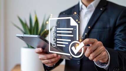 Businessman Approving Digital Document on Tablet, Checklist Concept