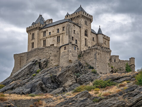 Ch&acirc;teau de foix dominating the rocky landscape under cloudy sky