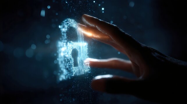 A close-up of a hand reaching towards a glowing digital padlock, symbolizing security and protection in the digital age.