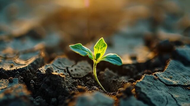 Resilience of Life: A singular, vibrant seedling pushes through parched earth, symbolizing tenacious endurance, fresh beginnings, and the indomitable spirit of survival.
