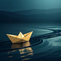 Obraz premium A lone paper boat floats peacefully on a dark still lake under the moonlight