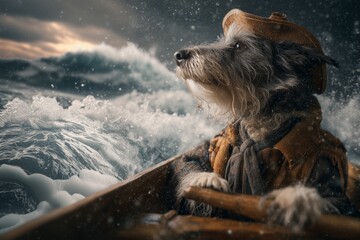 A brave dog dressed as an explorer steers a tiny boat through stormy waters on a fantasy voyage