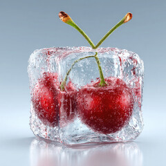 Two cherries frozen inside a clear ice cube with visible water droplets and green stems on a light background