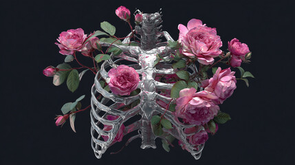 Surreal Skeleton of Human Torso and Blooming Pink Roses isolated on dark background.