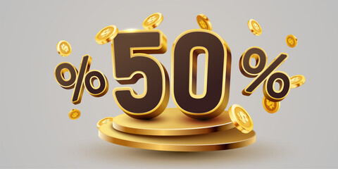 50 percent with podium. Sale, discount or bonus concept. Vector illustration