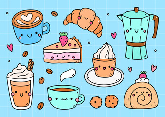 Cute coffee and dessert set with smiling cups, cake, croissant, moka pot and cookies. Kawaii style vector illustration on a blue background. Perfect for cafe designs, stickers, menu, kids products.
