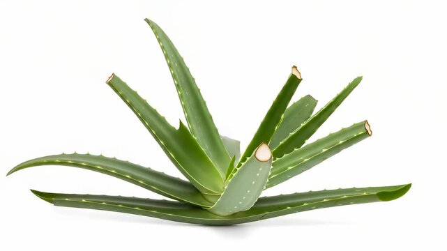 Fresh Green Aloe Vera Plant With Cut Stems Revealing Interior Isolated on White Background