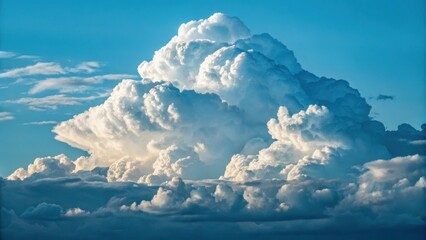 Dramatic towering cumulus clouds against a vibrant blue sky with golden sunlight illuminating their peaks