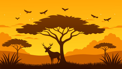 silhouette deer tree golden savanna