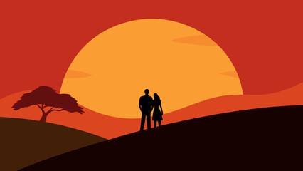 silhouette couple hill watching sunset