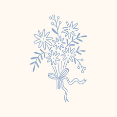 Wildflower bouquet in a charming hand drawn vector illustration. Cottage core vibes, soft pastel tones, delicate lines and whimsical nostalgic style. Perfect for soft feminine nature inspired designs.
