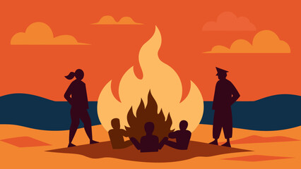 stylized bonfire beach friends silhouette