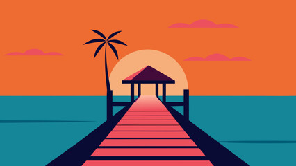 stylized pier ocean orange pink sky
