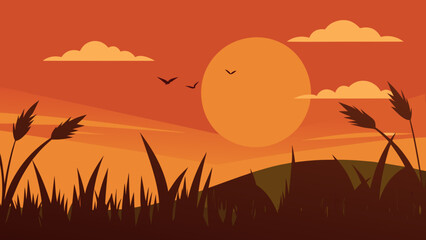 Sunset Field Tall Grass Tropical Trees