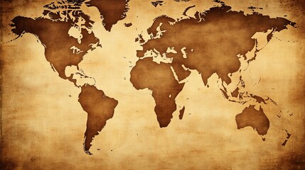 Fototapeta premium Antique World Map in Earth Tones Showcasing Distressed Terrain and Detailed Continental Features