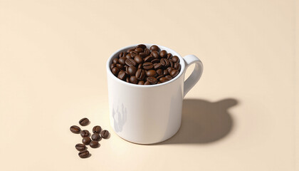 Obraz premium White ceramic mug filled with roasted coffee beans on beige background. Soft shadows, clean aesthetic for food branding or mockup use. Generative AI