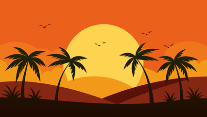 Warm Sunset Rice Fields Palm Trees