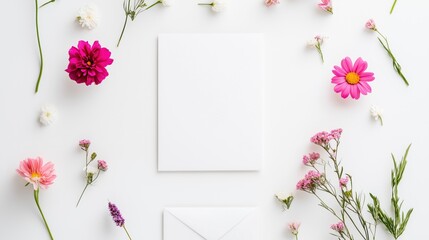 Obraz premium Floral Invitation Mockup with Blank Card on White Background