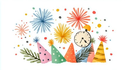 Obraz premium A colorful drawing of a party with a clock in the middle. The clock is set at 12:00