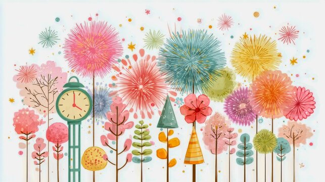 A colorful drawing of a forest with a clock tower in the middle. The trees are full of flowers and fireworks, and the clock tower is set at 10:30. Scene is festive and joyful, with the fireworks