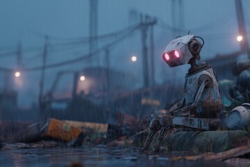 A lonely robot dog with flickering eyes sits in the rain among metal scraps in a dystopian junkyard