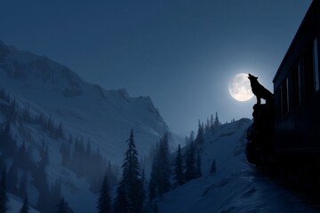 A lone dog howls on top of a moving train in the moonlit mountains, snow swirling in the wind