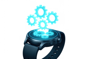 Smartwatch is showing rotating gears, concept of settings and configuration, transparent background