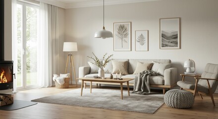 Fototapeta premium Light-filled living room with a modern, neutral color palette. A cozy space featuring a wood-burning stove, comfortable furniture, and minimalist artwork. Natural light streams through large windows