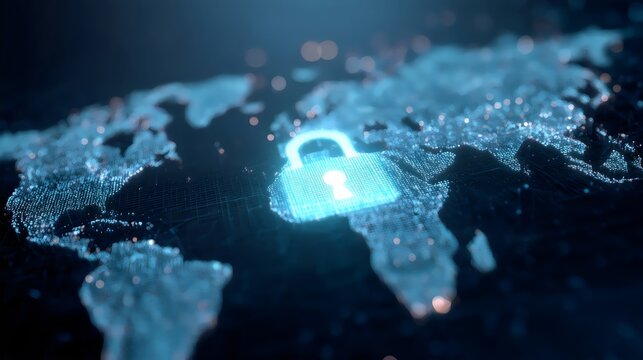 A digital padlock symbol hovering over a glowing world map, symbolizing cybersecurity and data protection.