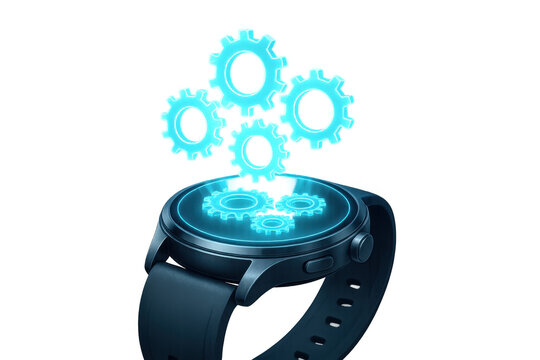 Smartwatch is showing rotating gears, concept of settings and configuration, transparent background