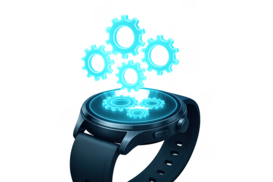 Smartwatch is showing rotating gears, concept of settings and configuration, transparent background