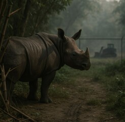 Obraz premium Javan Rhinoceros Facing Bulldozer at Forest Edge with Fence and Tire Tracks at Dusk