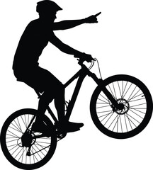 Cad drawing flat vector illustration, cyclist silhouette performing stunt, front wheel lift posture, pointing gesture icon, dynamic sports motion design