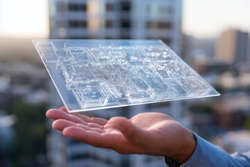 A person holding a transparent digital blueprint over a city skyline at sunset, showcasing innovation