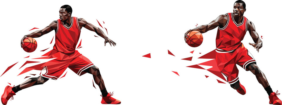 Cad drawing flat vector illustration, polygonal basketball players dribbling ball, dual red uniform figures, dynamic motion pose, geometric sports icon