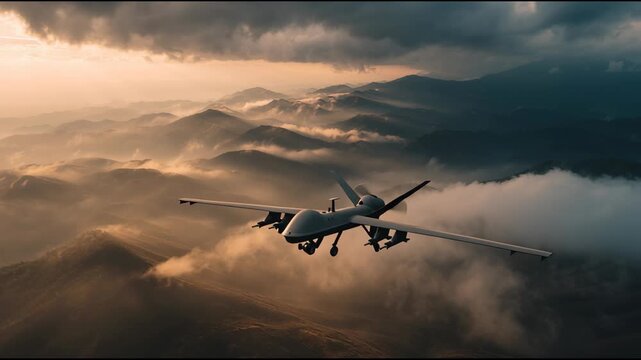 An armed drone flies over rugged mountain terrain as low-hanging clouds drift below. The sunset casts a golden hue over the landscape, creating a striking visual