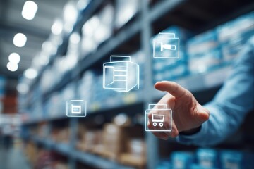 A person interacting with digital icons of products in a warehouse setting, showcasing inventory management