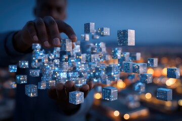 A person manipulating glowing digital cubes amidst a cityscape at dusk, showcasing technology's impact
