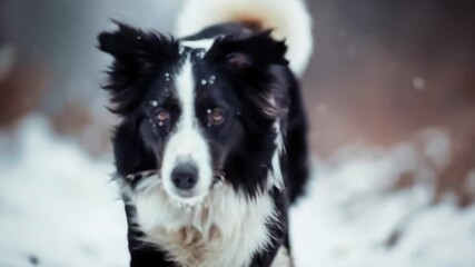 A dog walking in the snow on a leisurely walk during winter. The  captures the natural beauty of snowy landscapes and the joy of outdoor activities for pets.