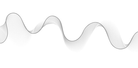 An abstract background featuring a series of thin, undulating, grayscale lines that create a dynamic wave pattern across a white canvas, suggesting sound waves or data flow.