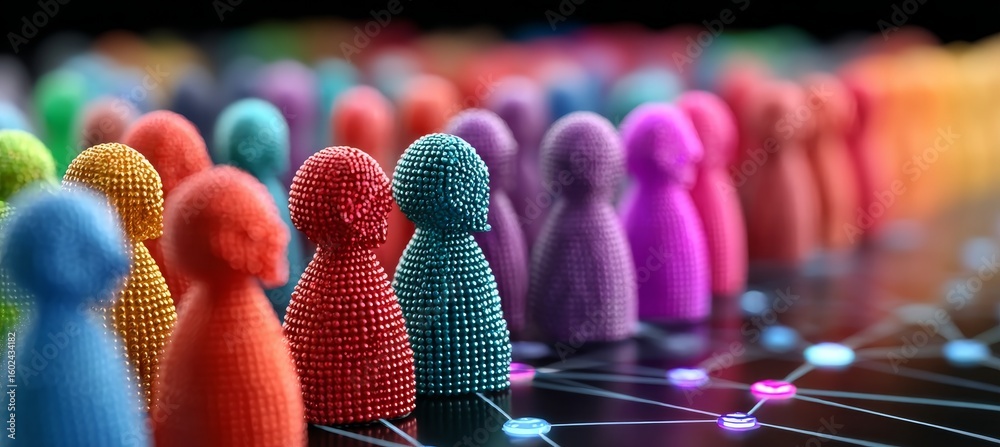 Poster diverse group of colorful figures on a dynamic digital grid representing inclusivity and networking