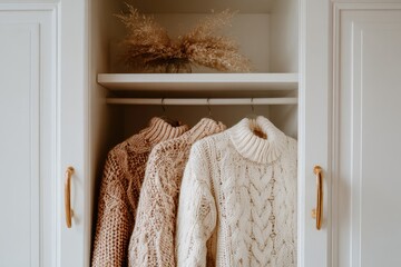 Beige and cream sweaters on hangers in a white closet.  Dry grasses in a vase atop a shelf