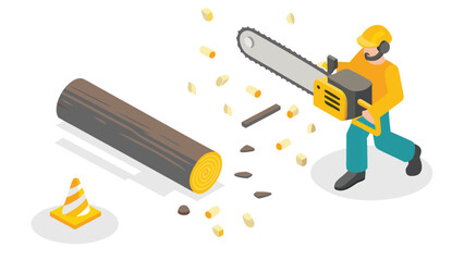 Isometric view of a lumberjack cutting wood with a chainsaw next to a traffic cone and wood chips around